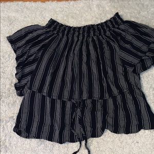 Navy blue and silver off the shoulder flowy top